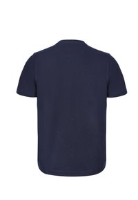 Camiseta azul marino de manga corta mostrada desde atrás con cuello redondo y diseño sencillo.