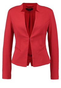 Rød blazer med struktureret pasform, tekstureret stof, revner på kraven, for lommer og en enkelt klaplukning. Lange ærmer strækker sig til håndleddet.