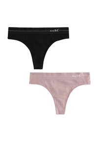 Zwei Paare String-Tangas: eines schwarz und eines blush-pink. Beide haben eine weiche Textur und einen dünnen elastischen Bund mit "self." in Weiß bedruckt.