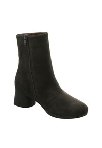 Schwarze Wildleder-Ankle-Boots mit runder Zehenform und Blockabsatz. Verfügt über einen seitlichen Reißverschluss und eine glatte Textur.