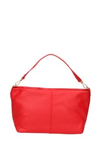 Borsa a tracolla in pelle sintetica rossa con una maniglia singola, caratterizzata da una texture liscia e un dettaglio di cucitura centrale. Accentuata da hardware dorati.