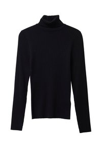 Sort ribbet turtleneck sweater med lange ærmer, lavet af et blødt, strækbart materiale. Har en høj krave og en tætsiddende design.