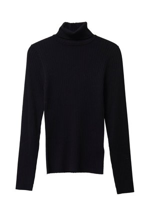 Schwarzer, gerippter Rollkragenpullover mit langen Ärmeln, aus einem weichen, elastischen Stoff gefertigt. Mit hohem Kragen und figurnaher Passform.