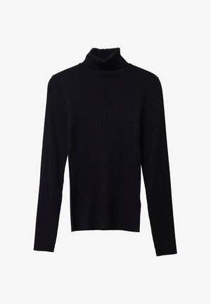 Maglione a collo alto nero a coste con maniche lunghe, realizzato in un tessuto morbido ed elastico. Presenta un colletto alto e un design aderente.