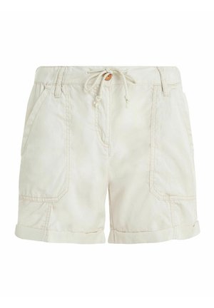 Shorts in cotone beige chiaro con vita regolabile tramite cordino, orli arrotolati e due tasche laterali. Presentano dettagli di cuciture sottili e unToggle in legno.