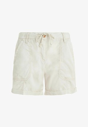 Jasnobeżowe bawełniane szorty z elastycznym pasem na sznurek, podwiniętymi mankietami i dwiema bocznymi kieszeniami. Ozdobione subtelnymi detalami przeszycia oraz drewnianym zapięciem.
