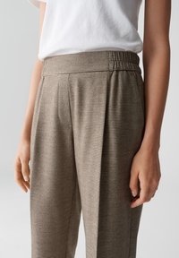 Bruine geruite broek met een relaxte fit, voorzien van plooien en een elastische tailleband. De textuur is zacht, geschikt voor casual draag.