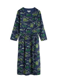 Långärmad klänning i marinblått med ett mönster av gröna träd och geometriska former. Tillverkad av ett mjukt, mönstrat tyg med rund halsringning.