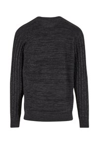 Dunkelgrauer Pullover mit geripptem Muster an den Ärmeln und glattem Körper. Rundhalsausschnitt und gerippter Saum. Weiches, warmes Material.