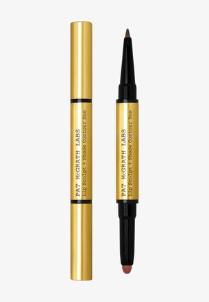 Doppelseitiger Lippenkonturenstift in Gold, eine Seite mit einer spitzen braunen Lippenformspitze, die andere mit einem abgerundeten Farbakzenterapplikator.