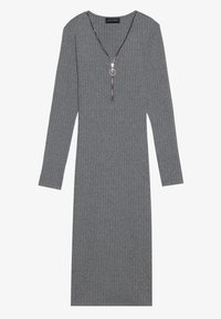 Robe longue à manches longues rayée grise avec un décolleté en V profond et un détail de zip argenté, dotée d'une languette circulaire et d'une silhouette ajustée.