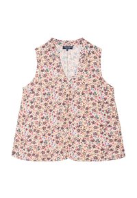Top sin mangas con estampado floral que presenta un escote en V, base crema y un patrón multicolor de flores en tonos morados, rojos y azules. Tejido ligero.