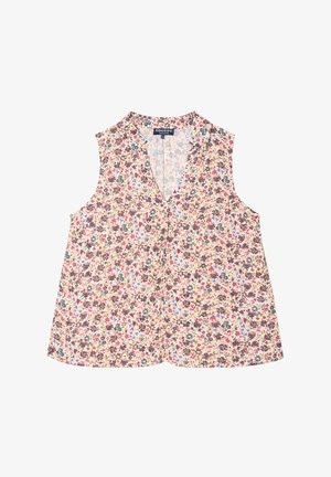 Haut sans manches fleuri avec un col en V, à base crème, et un motif multicolore de fleurs dans des tons violets, rouges et bleus. Tissu léger.
