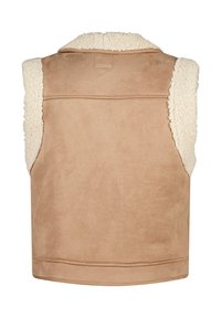 Beige mouwloze vest met een zachte, gestructureerde crèmekleurige sherpa kraag en voering, met een gladde suede-achtige stof en een naaddetail op de rug.