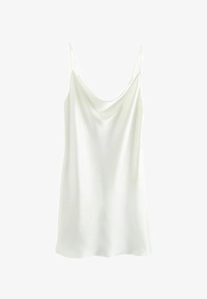 Camisole alb din satin cu bretele subțiri, ajustabile, cu un decolteu drapat și o textură netedă, ușor lucioasă. Lungimea coboară sub șold.