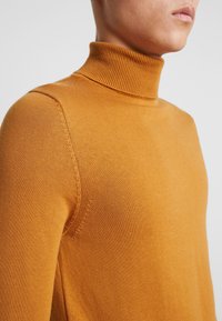 Jersey de cuello alto en un cálido tono naranja, confeccionado con material de punto suave. Presenta cuello acanalado y hombros sin costuras para un diseño limpio.