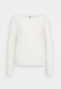 Crème gebreide trui met een brede boot halslijn, lange mouwen en een relaxed fit. Bevat ribbeltextuur en een rechte zoom.