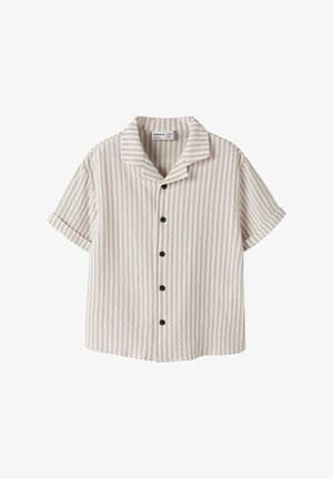Beige en wit gestreept overhemd met korte mouwen, verticale strepen, knoopsluiting, een kampkraag en opgerolde manchetten.