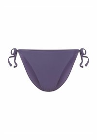 Fioletowe bikini na dole z teksturowanej tkaniny, z regulowanymi związkami po obu stronach oraz gładkim wykończeniem. Trójkątny kształt z umiarkowanym zakryciem.