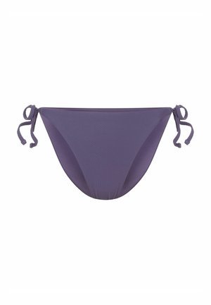 Fioletowe bikini na dole z teksturowanej tkaniny, z regulowanymi związkami po obu stronach oraz gładkim wykończeniem. Trójkątny kształt z umiarkowanym zakryciem.