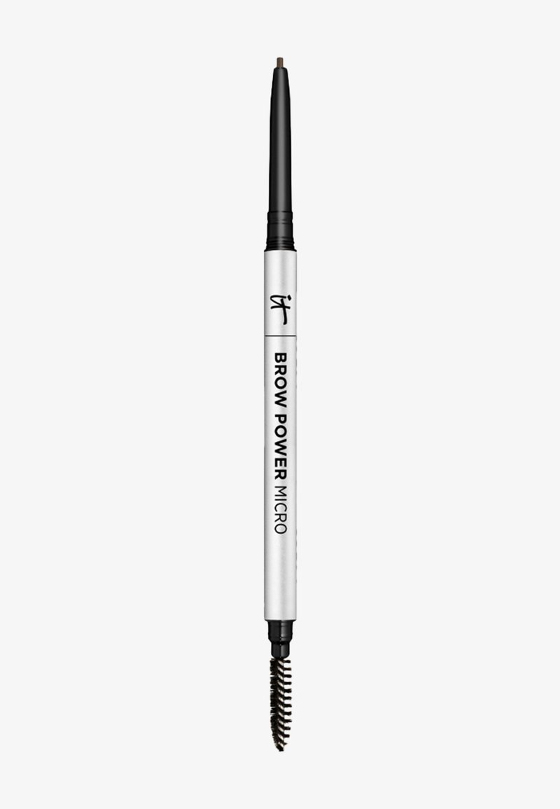 Innkberbar øyebrynsblyant med spooliekost i motsatte ender, merket "BROW POWER MICRO" i svart på hvit sylinder.