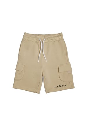 Pantaloncini cargo beige con vita elastica, coulisse bianca, tasche laterali con patta e logo "John Richmond" sull'orlo della gamba sinistra.