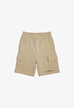Shorts cargo beiges avec taille élastique, cordon blanc, poches latérales à rabats, et logo "John Richmond" sur l'ourlet de la jambe gauche.