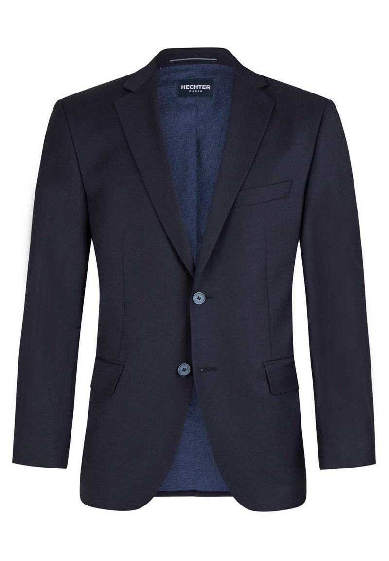 Marineblaue Blazer mit zwei Knöpfen, Reverskragen, Fronttaschen und einem gemusterten Innenfutter. Gefertigt aus einem glatten Stoff.