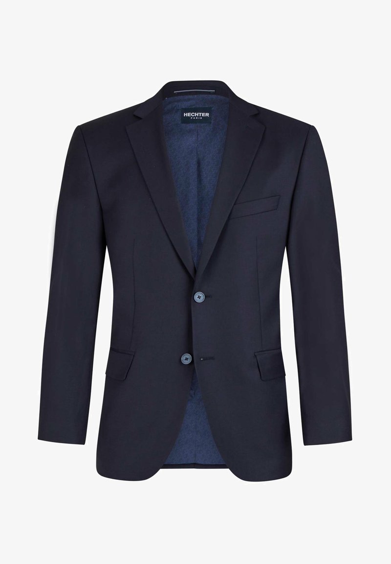 Marineblaue Blazer mit zwei Knöpfen, Reverskragen, Fronttaschen und einem gemusterten Innenfutter. Gefertigt aus einem glatten Stoff.