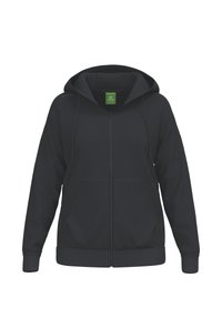 Felpa nera con zip realizzata in tessuto morbido, dotata di tasca a marsupio frontale, cappuccio con coulisse e polsini a costine. Etichetta verde visibile all'interno.