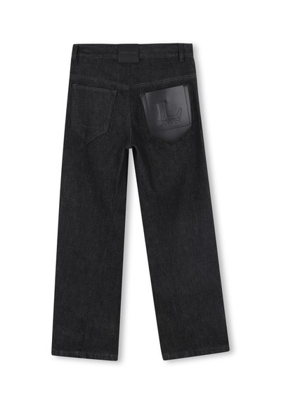 Jeans in denim nero con design a gamba dritta, dotati di un grande patch con logo in rilievo sulla tasca posteriore e dettagli di cucitura standard.