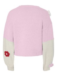 Ροζ και κρεμ πουλόβερ πλεκτό με κοντό σχέδιο, διακοσμημένο με λουλουδάτες λεπτομέρειες στα μανίκια και υφή υφάσματος.