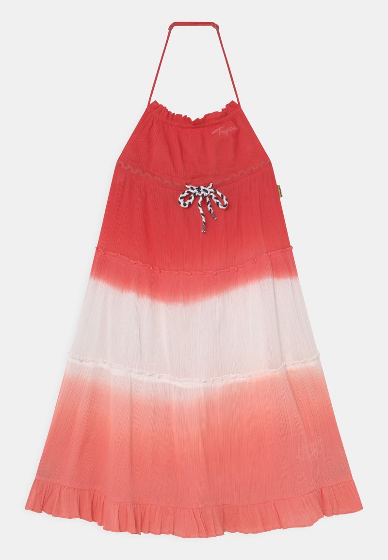 Czerwona i biała sukienka ombré z wiązaniem na szyi, Marszczoną talią i sznurkiem o plecionej fakturze. Charakteryzuje się falbankowanym dołem i lekkim materiałem.