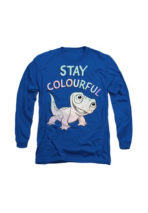 Long-sleeve blue shirt featuring a cartoon lizard with large eyes, accompanied by the text "STAY COLOURFUL" in pastel colors above it.