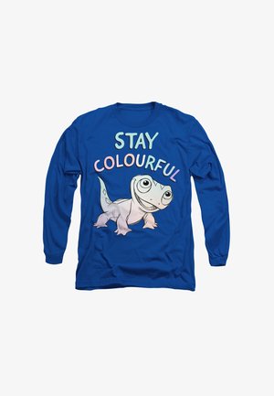 Long-sleeve blue shirt featuring a cartoon lizard with large eyes, accompanied by the text "STAY COLOURFUL" in pastel colors above it.