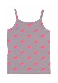 Top grigio chiaro senza maniche con spalline sottili, caratterizzato da un motivo ripetuto di labbra rosa e rosse, realizzato in un tessuto morbido e elastico.