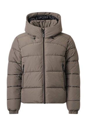 Veste d'hiver matelassée marron avec col montant, capuche, fermeture éclair frontale, poches latérales zippées et poignets élastiques aux manches.