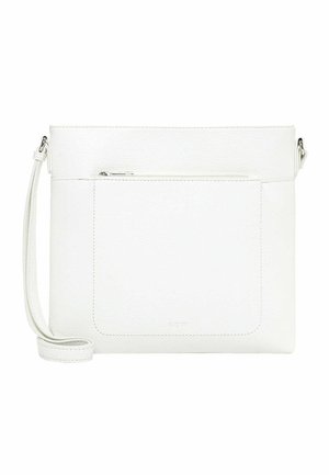 White leather crossbody bag with front zip pocket and adjustable strap, minimalist design, and subtle "RUE09" branding.