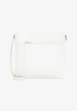 White leather crossbody bag with front zip pocket and adjustable strap, minimalist design, and subtle "RUE09" branding.