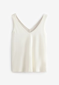 Weißes ärmelloses Tanktop mit V-Ausschnitt und breiten Schulterträgern, flach auf weißem Hintergrund ausgelegt.