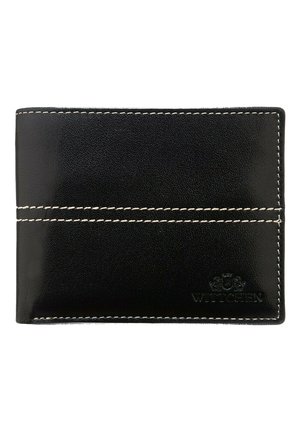 Black leather wallet with a smooth texture, featuring white stitching and a debossed logo on the bottom right corner.