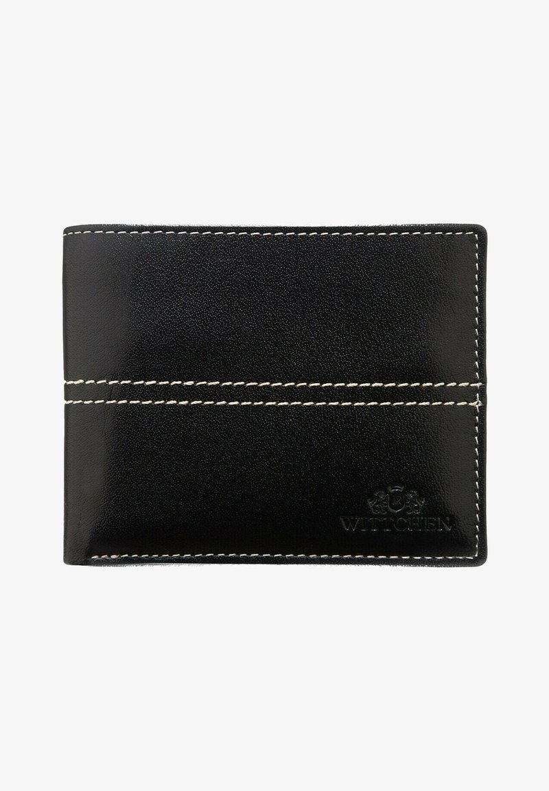 Czarny skórzany portfel o gładkiej teksturze, z białym przeszyciem i wytłoczonym logo w dolnym prawym rogu.