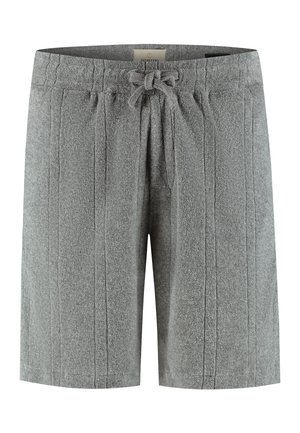 Pantalones cortos de rizo gris con costuras verticales y cintura con cordón frontal.