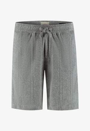 Pantalones cortos de rizo gris con costuras verticales y cintura con cordón frontal.