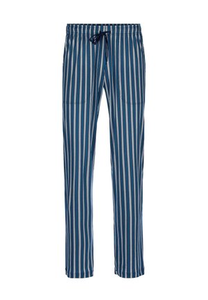 Strepenbroek met verticale lijnen in marineblauw, blauw en wit, met een trekkoord in de taille en een losse pasvorm. Twee zijzakken.