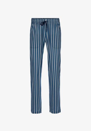 Strepenbroek met verticale lijnen in marineblauw, blauw en wit, met een trekkoord in de taille en een losse pasvorm. Twee zijzakken.