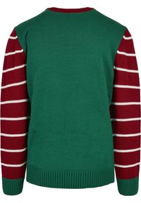Grön tröja med röda och vita randiga ärmar. Ribbad mudd och nederkant. Enkel stickad textur, rund halsringning och klassisk passform.
