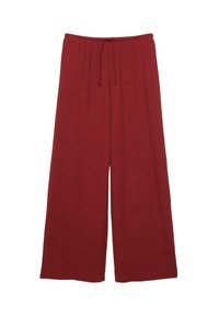 Pantaloni a gamba larga di un profondo colore rosso, realizzati in tessuto testurizzato. Presentano una vita con coulisse e una silhouette rilassata e fluida.