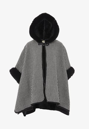Czarna i biała peleryna w wzór houndstooth z pasującą futrzaną kapturem i mankietami, z zapięciem z przodu i miękką teksturą.