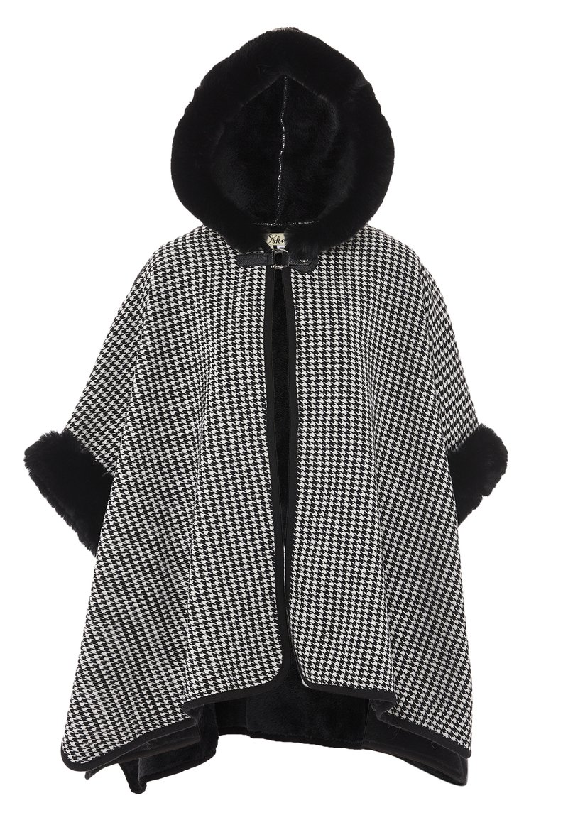 Sort-hvid houndstooth-kap med en matchende pelsforet hætte og manchetter, med en frontlukning og blød tekstur.